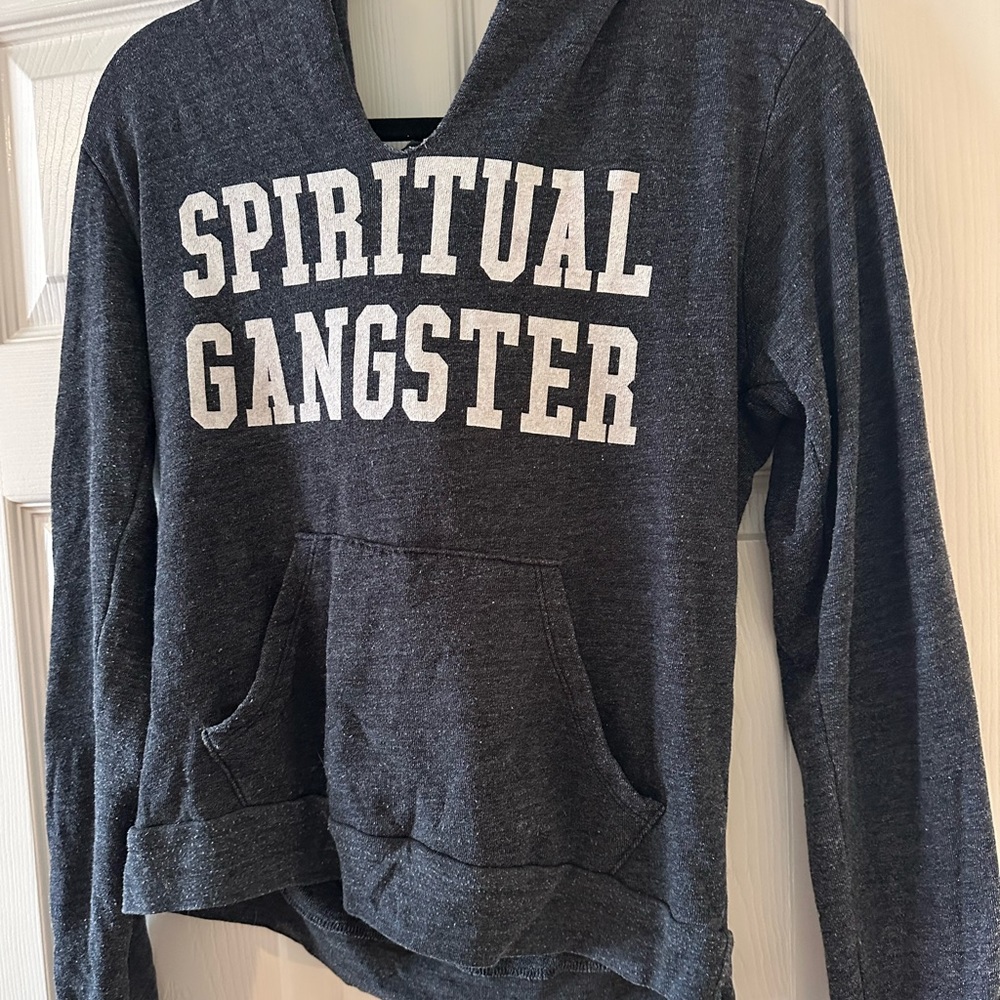Grey spiritual gangster sweatshirt, size small with hoodie and mandala design